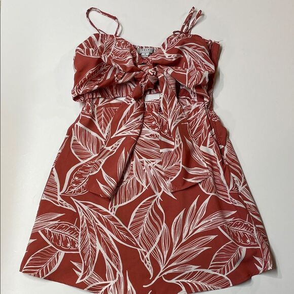 Favlux Women’s Rust Red White Tropical Leaf Print Tie Front Mini Dress Sz S - Picture 1 of 8